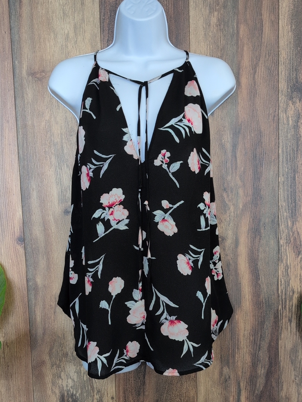 Lush Black Floral Halter Tank Top with Pink Flowers